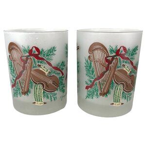 2 Georges Briard Christmas Glasses Frosted Old Fashioned Violin Drum Harp VTG
